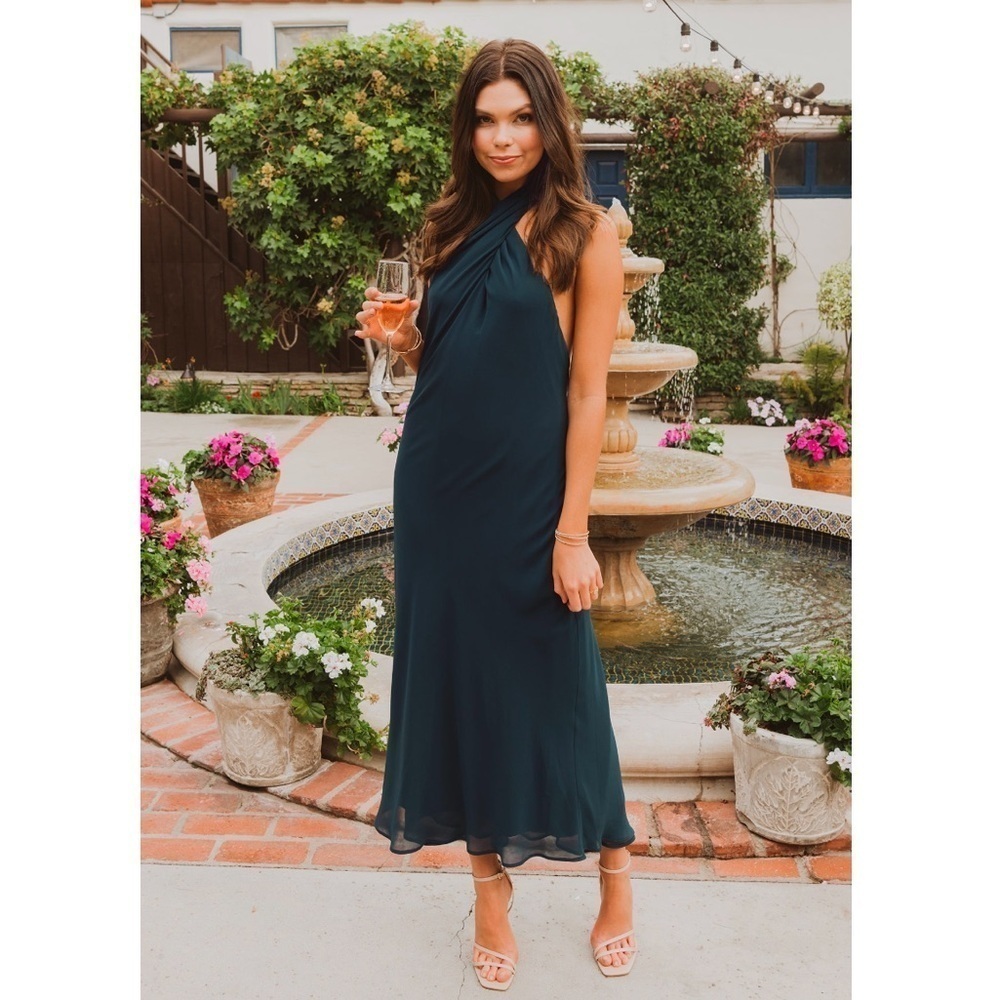 SHOW ME YOUR MUMU Jasmine Halter Midi Dress In Emerald Chiffon